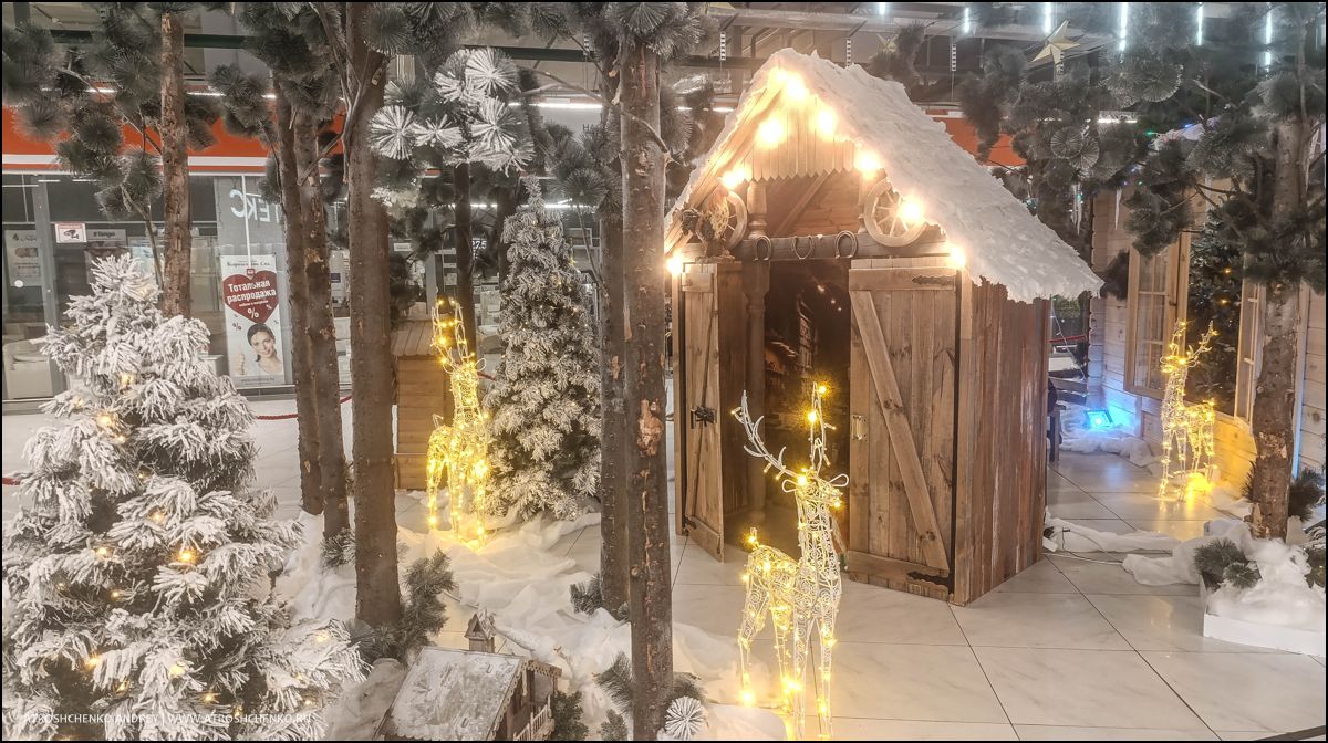 Фотозона с рождественскими санями и елками внутри гипермаркета Перши