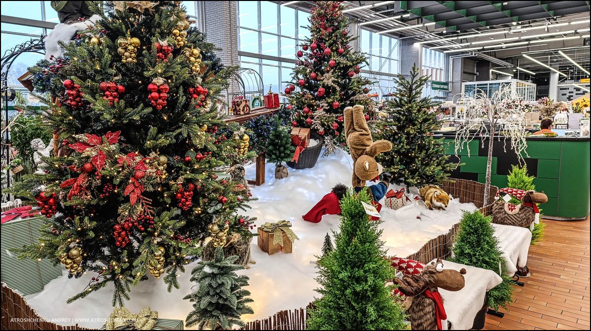 Фотозона с рождественскими санями и елками внутри гипермаркета Перши